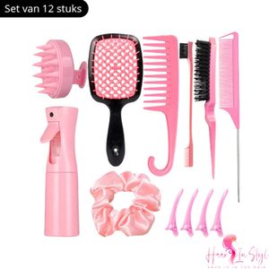 Haar in Stijl® | Roze 12 Delige Borstel- en Kammenset inclusief mist spray fles bottle | Hoofdmassage borstel scrunchie haarborstel wijde detangling douche kam ontklitter edge brush toupeerborstel puntkam 4x haarklemmen