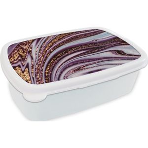 Broodtrommel Wit - Lunchbox - Brooddoos - Marmer - Roze - Goud - Glitter - Marmerlook - Luxe - 18x12x6 cm - Volwassenen