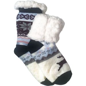 Merino Wollen sokken - Zwart Paars met Sneeuwvlok?Rendier - maat 39/42 - Huissokken - Antislip sokken - Warme sokken – Winter sokken