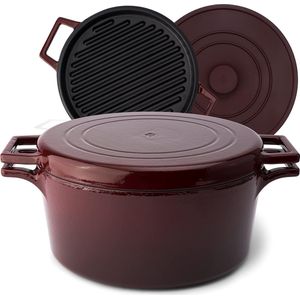 Geëmailleerde gietijzeren pan met grillpannendeksel + siliconen deksel [5,2 l - 26 cm] - voor alle warmtebronnen en inductie - Cocotte gietijzeren braadpan met deksel geschikt voor de oven - stoofpan van gietijzer