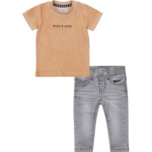 Dirkje - Kledingset - 2delig - Broek Grijze Wash Jeans - Shirt Bruin badstof met printje - Maat 104