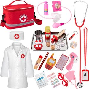 MKSS® Dokterset Speelgoed - Dierenarts Speelgoed - Dokterset - Kinderspeelgoed voor Jongens en Meisjes - Vanaf 2 Jaar geschikt voor 3, 4, 5 en Ouder - Doktersjas Kind - Wit met Rood