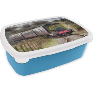 Broodtrommel Blauw - Lunchbox - Brooddoos - Vooraanzicht van een stoomlocomotief - 18x12x6 cm - Kinderen - Jongen