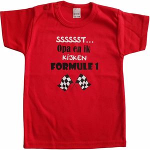 Rood baby t-shirt met ""Sssssst... Opa en ik kijken Formule 1"" - maat 68 - babyshower, zwanger, cadeautje, kraamcadeau, grappig, geschenk, baby, tekst, bodieke, grootvader, opadag