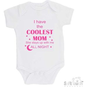 100% katoenen Romper ""I have the coolest mom She stays up with me all night"" Meisjes Katoen Wit/roze Maat 62/68