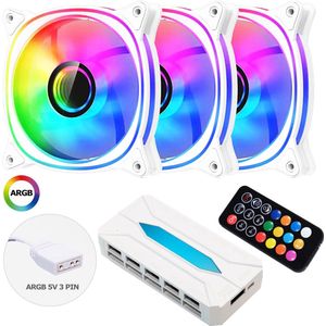 ARGB Fan x 3 - 120mm PWM Fans White Frame - Ventilatorhuis - 3 Pack - ARGB Ventilator 120mm - 40,94 CFM - 600~1600 RPM - 27,2 dB(A) - 4-pin PWM - Zero-RPM - Wit