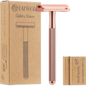 Bambooya Safety Razor met extra lang handvat + 20 scheermesjes - Safety Razor voor Vrouwen - Scheermesjes voor vrouwen dames - Rose Gold - Scheermesjes Oksels Benen - Zero Waste Bamboo