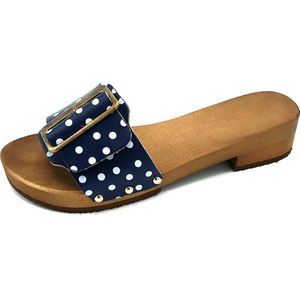 DINA houten slipper met brede gesp dames blauw met stip