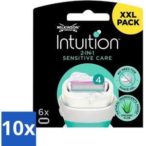 10 x Wilkinson Intuition - Navulmesjes - 2 in 1 Sensitive Care - Voor Gevoelige Huid - 6 mesjes - Gevoelige Huid - Scheren - Navulmesjes - Schuimende Huidconditioner - Dermatologisch Getest