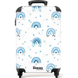 NoBoringSuitcases.com® - Handbagage koffer lichtgewicht - Reiskoffer trolley - Blauw regenboogpatroon met hartjes - Rolkoffer met wieltjes - Past binnen 55x40x20 en 55x35x25