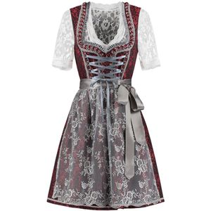 Oktoberfest Dirndl Deluxe - Rood-Zilvergrijs, Kanten Schort - Maat 50