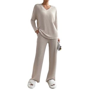 Geribbelde dames loungewear set, tweedelig trainingspak met lange mouwen en wijde pijpen, comfortabel homewear, V-hals en zakken