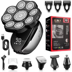 6-in-1 Scheerapparaat Mannen – Trimmer - Tondeuse - Gezicht en Hoofd Scheerapparaat - Schedel Scheerapparaat -Hoofd Kaal Scheren - Nat&Droog - Elektrisch - 10×Opzetstukken