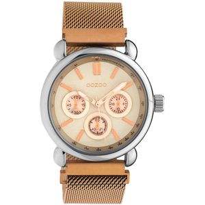 OOZOO Timepieces - Zilverkleurige horloge met rosé goudkleurige metalen mesh armband - C10695