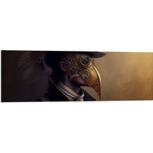 PVC Schuimplaat- Zijaanzicht van Man met Zwarte Hoed en Goud Masker - 120x40 cm Foto op PVC Schuimplaat