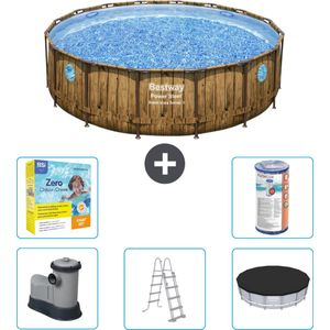 Bestway Rond Power Steel Swim Vista Zwembad - Houtprint - 488 x 122 - Inclusief Pomp - Ladder - Afdekzeil Onderhoudspakket - Filter