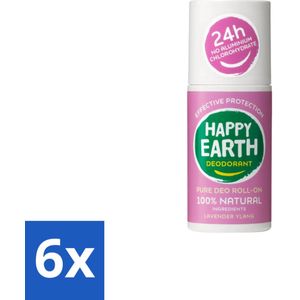 Happy Earth – Deodorant Roll-On – 100% Natuurlijk Lavender Ylang – 75 ml - Voordeelverpakking - 6 stuks