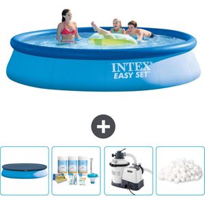 Intex Rond Opblaasbaar Easy Set Zwembad - 396 x 84 cm - Blauw - Inclusief Afdekzeil - Onderhoudspakket - Zwembadfilterpomp - Filterbollen
