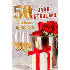 50 jaar getrouwd! Van harte gefeliciteerd! Een bijzondere kaart met een afbeelding van champagne, een cadeautje en rode rozen. Een leuke kaart om zo te geven of om bij een cadeau te voegen. Een dubbele wenskaart inclusief envelop en in folie verpakt.