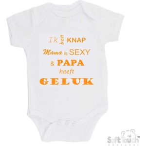100% katoenen Romper "Ik ben knap Mama is SEXY & Papa heeft GELUK" Unisex Katoen Wit/mosterd Maat 62/68