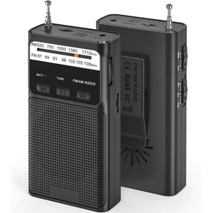 Draagbare AM FM Radio met 1200mAh Oplaadbare Batterij, Rugklem en Flitslicht