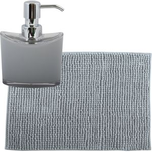 MSV badkamer droogloop mat/tapijtje - 40 x 60 cm - en zelfde kleur zeeppompje 260 ml - lichtgrijs