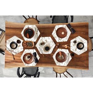 Placemats hexagon - Onderleggers placemats - Placemat zeshoek - Marmer print - Beige - Wit - 8 stuks