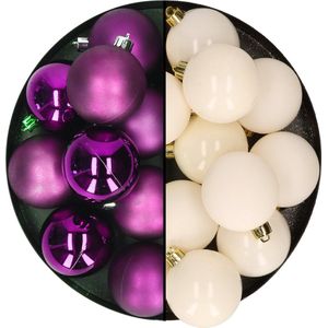 Kerstballen 24x st - mix wol wit/paars - 6 cm - kunststof - kerstversiering