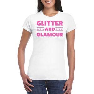 Toppers - Bellatio Decorations Verkleed T-shirt voor dames - glitter and glamour - wit - roze glitter tekst XXL