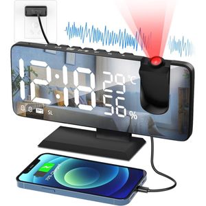 Digitale wekker met projectie en USB-oplaadpoort - 7,4 inch LED-display, temperatuur, luchtvochtigheid en dubbele alarmfunctie