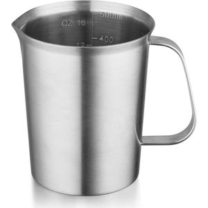 Maatbeker Met Schenktuit - Maatcups Met Schaal - 500 ML - Maatcupjes - Maatbekers - Meetbeker - Cups - Maatkan - Measuring Cup - 304 RVS - 9 x 9,5 x 11 Cm (L x B x H) - Zilver - Voor Precies Wegen En Meten - Voor Espressomachines, Latte Art, Melk