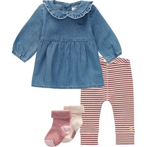 Noppies - Kledingset - 4delig - Jurk Acarique Medium wash - Legging La Havre stripe Henna - 2 paar sokjes - Maat 92