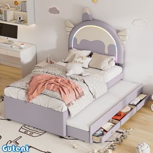 Gutent Kinderbed-90*200 cm - ledikant-unicorn vorm-met Onderschuifbed-PU materiaal-Paars-Geen matras