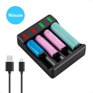 TechEssentials® 4-Slots 18650 Batterij Oplader USB-C - 10440/18650 | Li-ion - Flat Top - Houder - Accu - Lithium