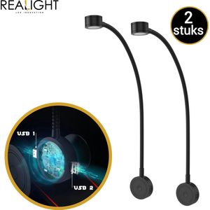 Realight Leeslamp Bed met Dimfunctie - LED bedlampjes - Hoofdbord nachtlampjes - 2 USB-poorten - 360° Draaibaar - Zwart - 2 Stuks