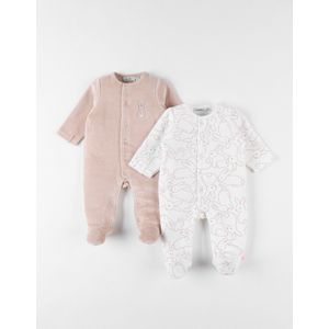 Set met 2 romperpyjama's fluweel, beige