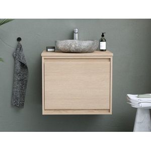 Hangend badkamermeubel met opzet wastafel van steen - Eiken fineer - 60 cm - MESLIVA L 60 cm x H 50 cm x D 45 cm