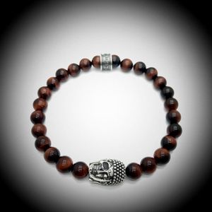 Natuursteen Armband met 925 Sterling Zilver Skull / Buddha / Boedha Bedel van 13 gram Zilver , Handgemaakte Edelsteen Armband met 8mm (Rode Tijgeroog) kralen .