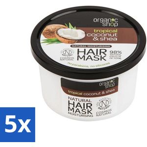 5 x Organic Shop - Haarmasker Coconut & Shea - Verzorgend en Voedend - 250 ml - Haarmasker - Kokosnoot - Shea Butter - Voedend Haar - Droog Haar