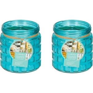 2x stuks citronella kaarsen tegen insecten in glazen pot 12 cm blauw- Anti-muggen/insecten