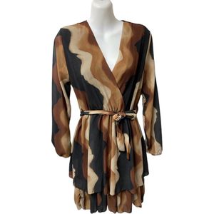 Dames jurk/ tuniek kort model met stroken zwart/bruin One size 36 t/m 42 Nu in de aanbieding