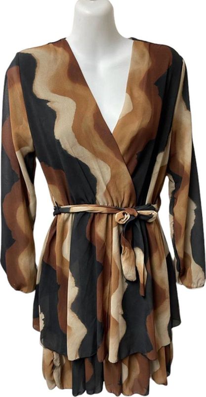 Dames jurk/ tuniek kort model met stroken zwart/bruin One size. Nu in de aanbieding