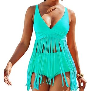 Bikini met Franjes - Hoge Taille - Slierten - Zwemkleding Dames - Badpak - Lichtblauw