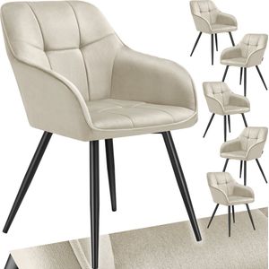 tectake® Gestoffeerde stoel - Eetkamerstoelen - Fluweellook - Stikpatroon - Gecapitonneerd - Kuipstoel - Kaptafelstoel - Set van 6 stoelen - div. kleuren - Creme/zwart