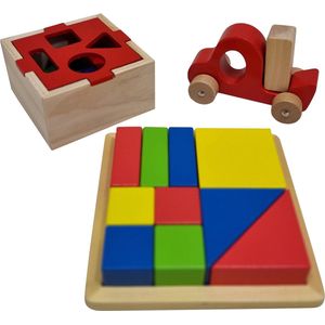 Playwood Houten speelgoedset blokken grijpauto vormenstoof blokkenstoof 3 stuks speelgoed voor de prijs van 1