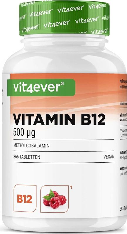 Vitamine B12-Complex - 365 zuigtabletten - Premium: Beide actieve vormen + depotvorm + folaat (5-MTHF uit Quatrefolic®) - Veganistisch - Hooggedoseerden met frambozensmaak - Premium: Actieve Methylcobalamine - Hoge Dosis | Vit4ever