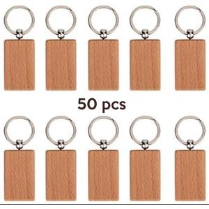 50 stuks beuken houten sleutelhanger, houten tags sleutelhangers hangende decoratie voor handtas portemonnee mobiel(Rechthoek)