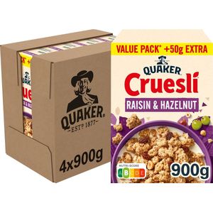 Quaker Cruesli Rozijn & Hazelnoot - Ontbijtgranen - 4 x 900 gram