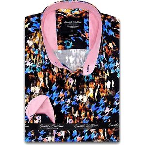 Heren Overhemd - Slim Fit - Hyacinth Print Satijn - Zwart - Maat S