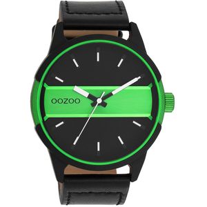 OOZOO Timepieces - Zwart/fluo groene OOZOO horloge met zwarte leren band - C11234
